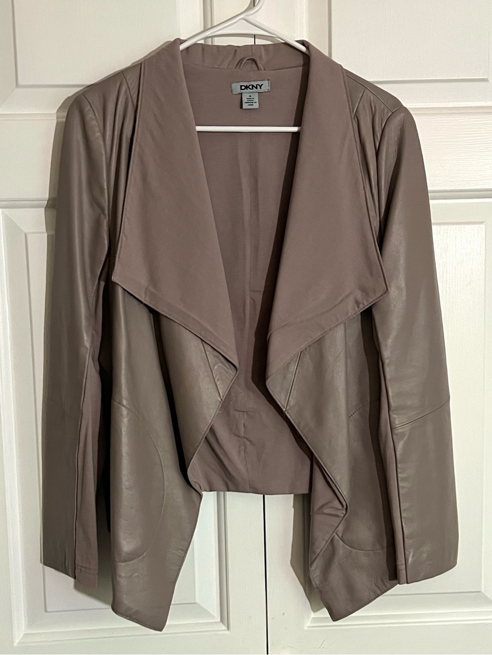DKNY Lambskin Leather Taupe Waterfall Draped Jacket